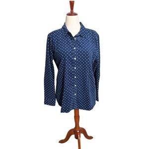 Loft blouse blue fine wale corduroy white dots button up collared Sz L NWT